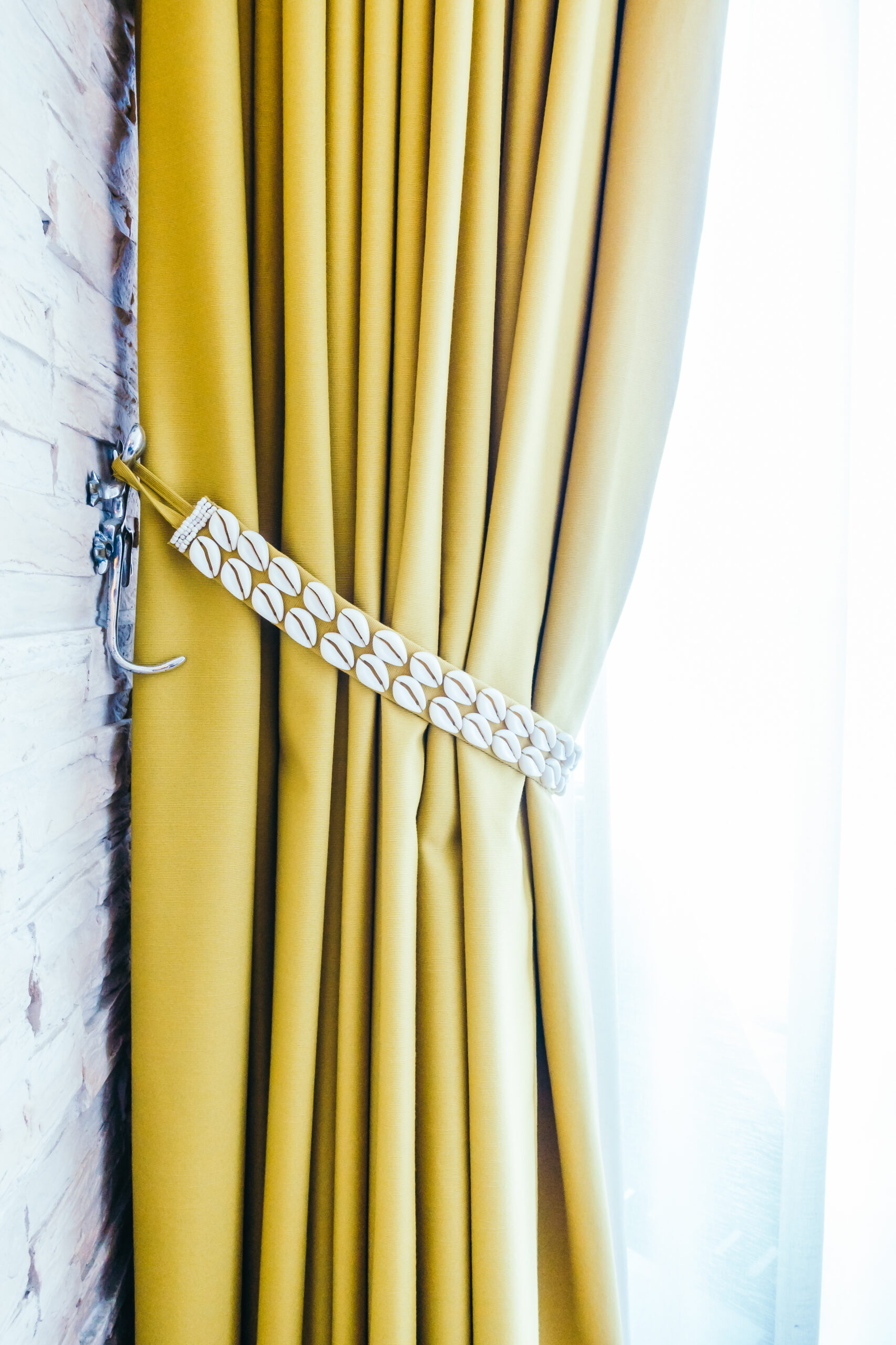 Beautiful luxury Window curtains decoration in bedroom interior with copy space for background - Vintage Light Filter